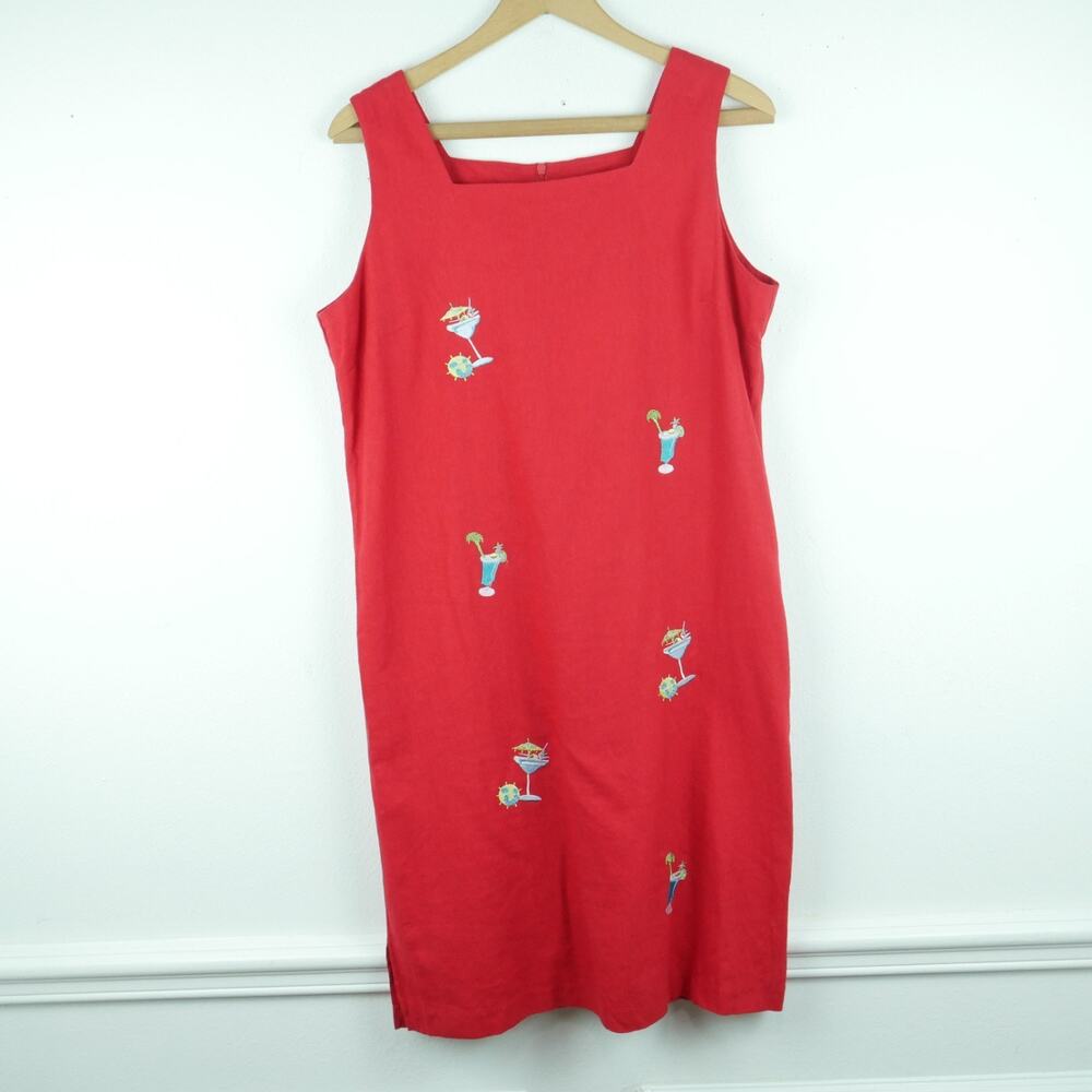 Vintage P‎ Medium Dress Linen Blend 90s Preppy Embroidered Beach Resort Novelty